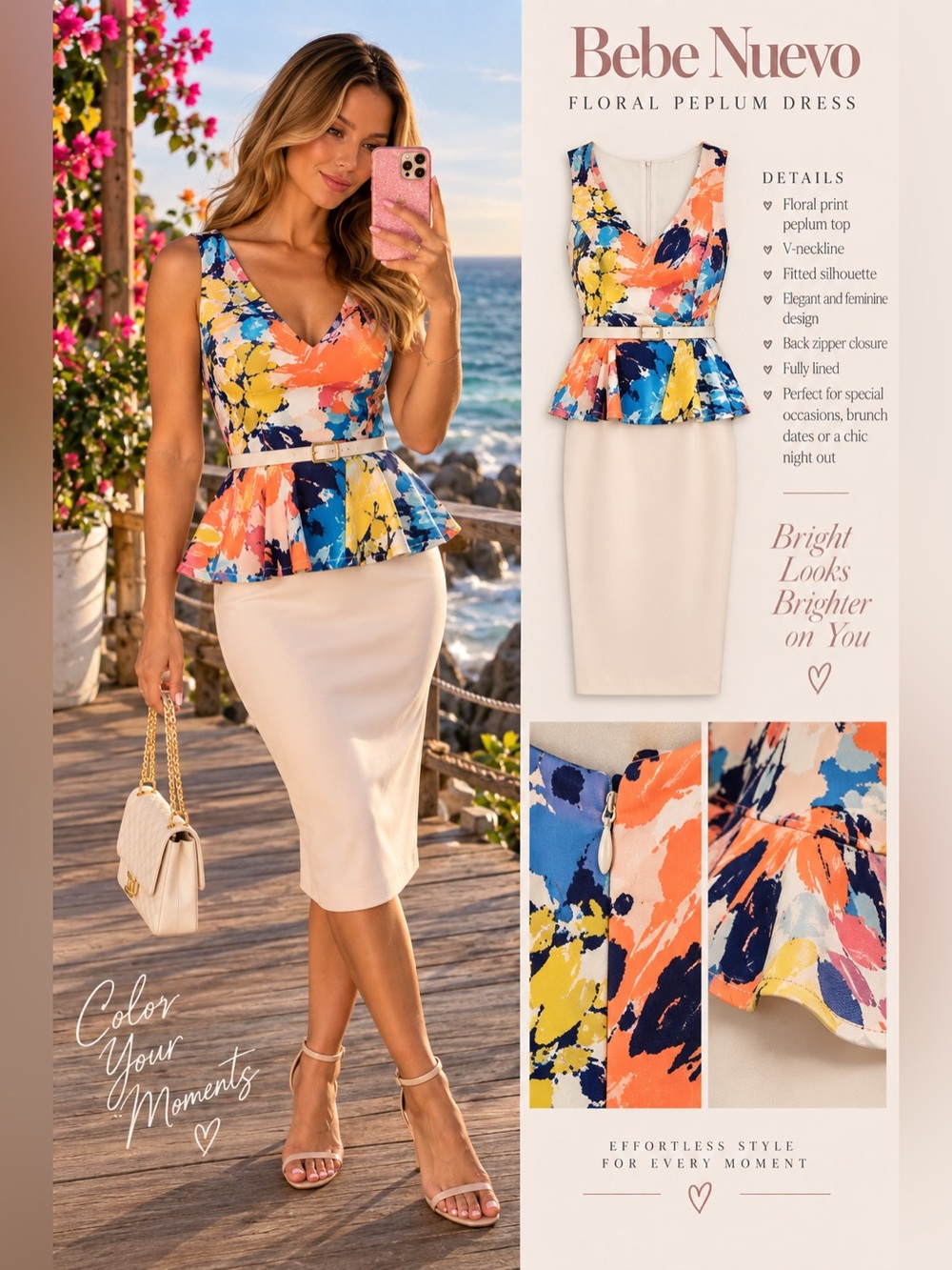 bebe Floral Peplum Pencil Skirt Dress in Cream and Multi